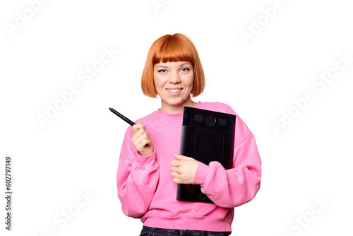 Female designer in pink sweetshot holding graphic tablet.