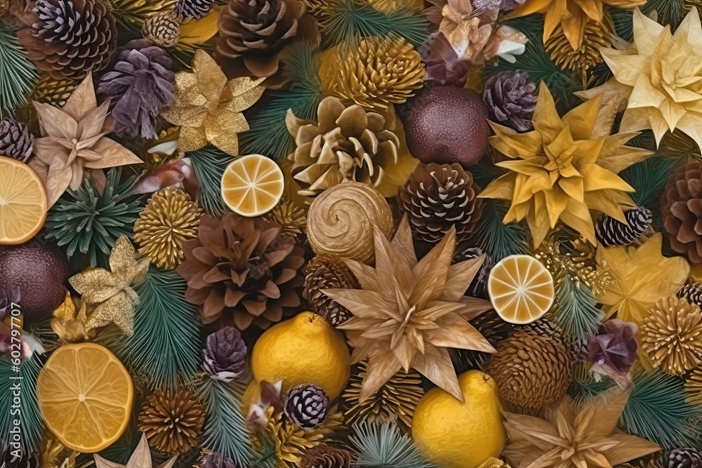rustic arrangement of pine cones, oranges, and lemons on a wooden surface Generative AI
