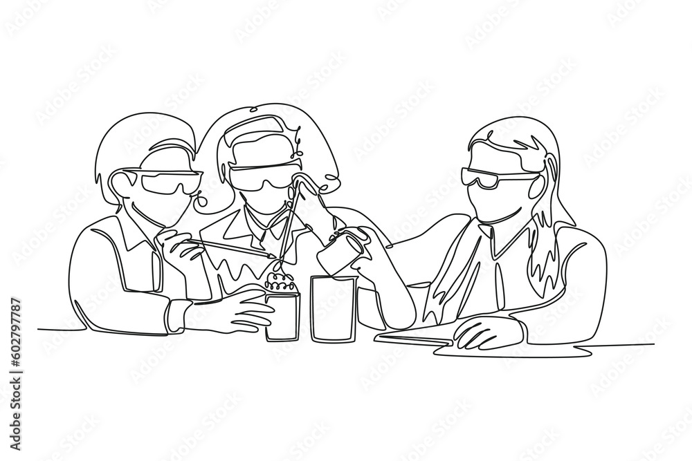 Single one line drawing group of children study science together. Class it up concept. Continuous line draw design graphic vector illustration.