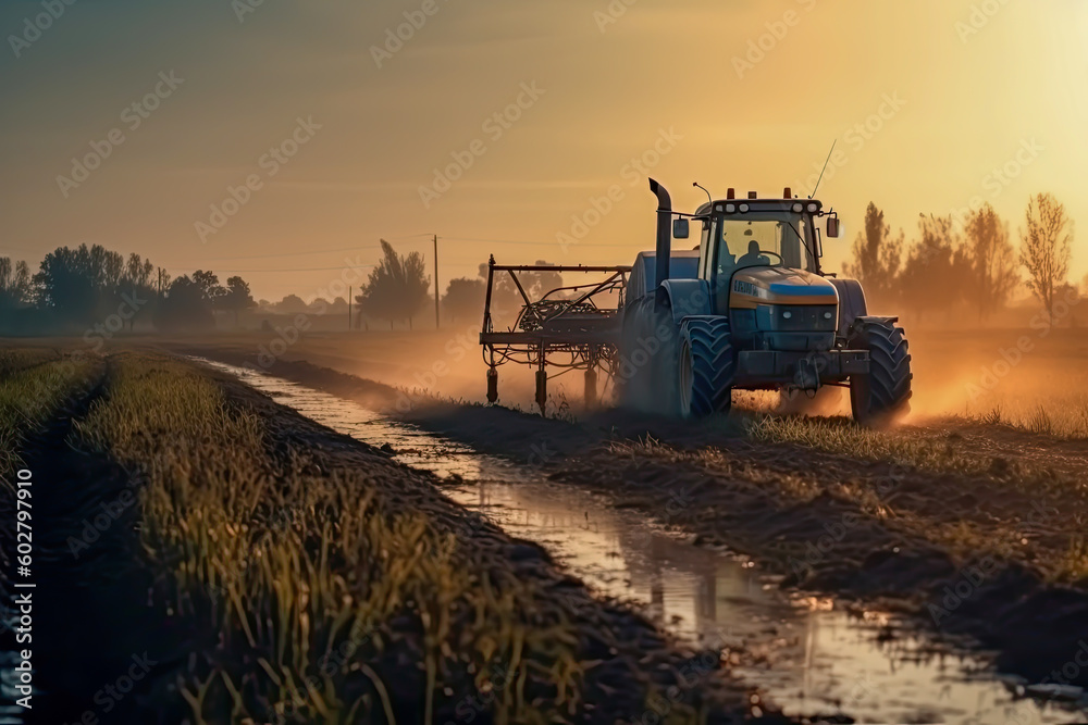 Fototapeta premium a tractor sprays pesticides on plantation field, generative ai