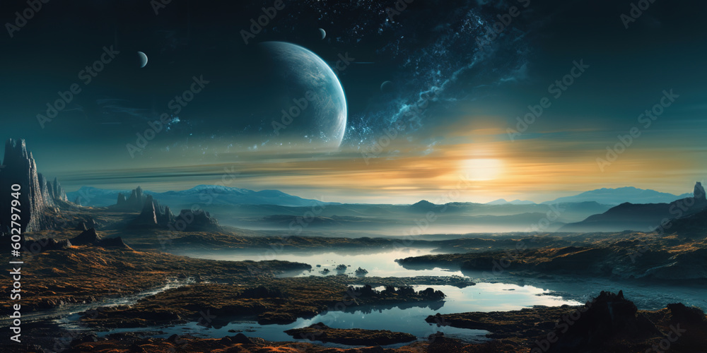 Generative AI. Space Art: Alien Planet - A Fantasy Landscape with blue skies and stars Generative AI. Space Art: Alien Planet - A Fantasy Landscape with blue skies and stars