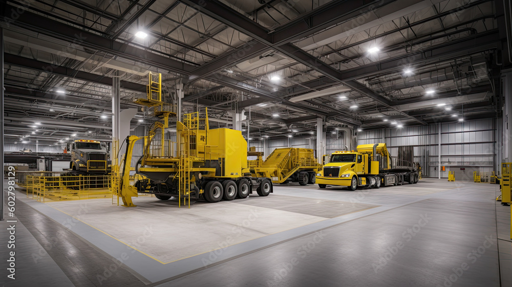 a warehouse with trucks and cranes in it. Generative Ai a warehouse with trucks and cranes in it. Generative Ai