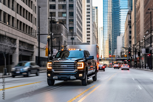 a truck driving down the street in a city. Generative Ai