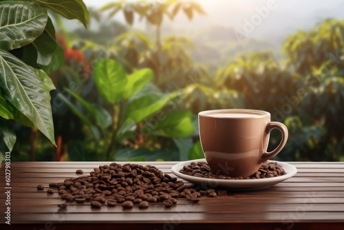 A coffee cup and fresh coffee beans thoughtfully placed near a vibrant coffee plantation, celebrating the journey from farm to cup. A tribute to the rich aromas and flavors of coffee. Generative AI.