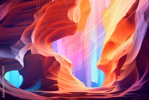Mesmerizing digital illustration of the beautiful Antelope Canyon, featuring smooth lines, vibrant colors, and captivating rays of light. The realistic depiction, Generative AI