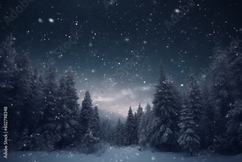 A serene winter landscape adorned with snowy fir trees, creating a picturesque scene of tranquility and natural beauty. The glistening snowflakes and evergreen trees evoke a sense of calmness and wond