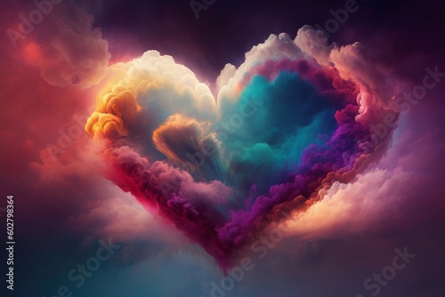 A beautiful and colorful Valentine's Day heart formed in the clouds, creating an abstract and romantic background. A visual representation of love and joy in the sky. Generative AI.