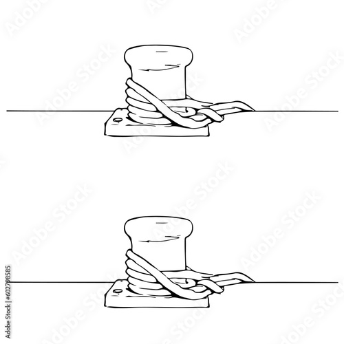 bollard with ropes at the pier, vector drawing sketch