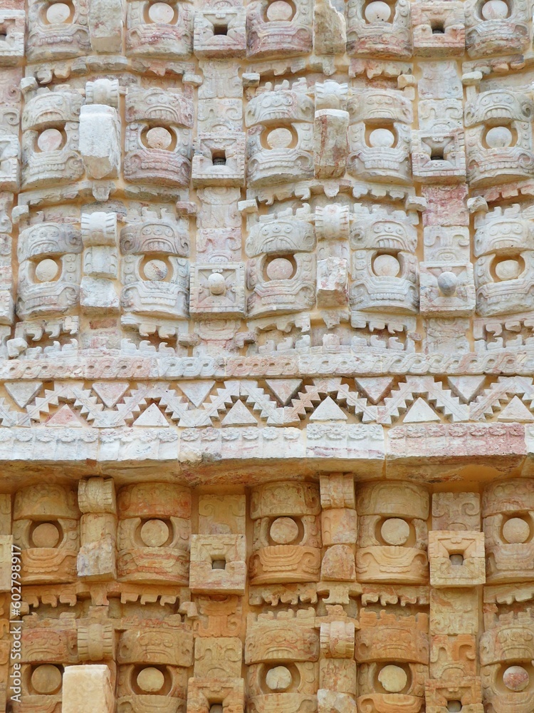 detail of the facade of the ancient mayan ruins of Kabah, Yucatan, mexico