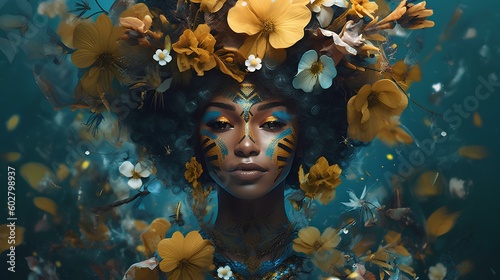 bloem digitaal kunst vrouwelijk portret met kleurrijke bloemen. Afro-Colombiaanse thema. generatieve AI © yj