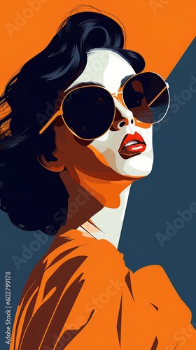 Flat beautiful vector face of woman with sunglasses, summer holiday poster in minimalism style, vector flat illustration. Generative Ai