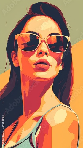 Flat beautiful vector face of woman with sunglasses  summer holiday poster in minimalism style  vector flat illustration. Generative Ai