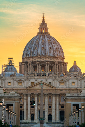 St Peter's basilica dome at sunset in Vatican