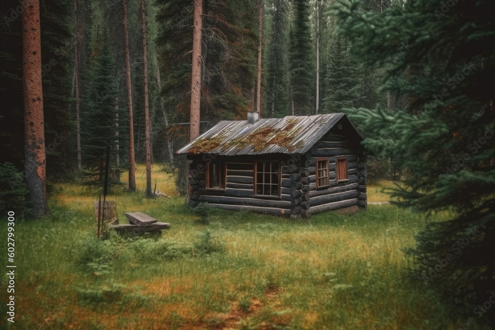 cozy cabin in the woods with a rustic bench in the foreground Generative AI