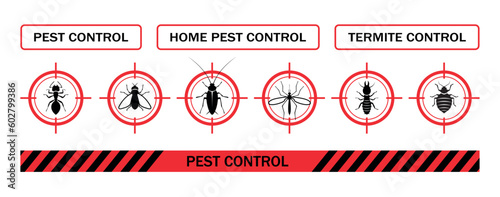 Pest control. Icon set. Insect repellent emblem. Isolated prohibition and warning signs about harmful insects, cockroaches, flies, ticks, termites. Pest and insect control in the home. Isolated