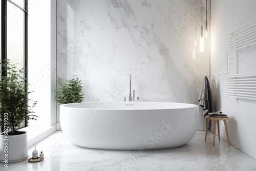 An elegant and modern white bathtub placed next to a window  providing a tranquil and restful space for relaxation and self-care. The perfect addition to any spa-inspired bathroom. AI Generative.