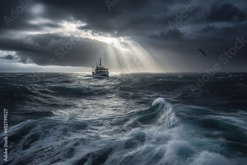 Photorealistic ai artwork of a ship at sunset in a rough and stormy sea. Generative ai.