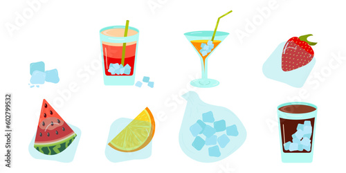 Blue ice cubes for cooling drinks set. Drinks with ice, fruit, orange, strawberry, watermelon, ice in a bag on a white background. Vector illustration.