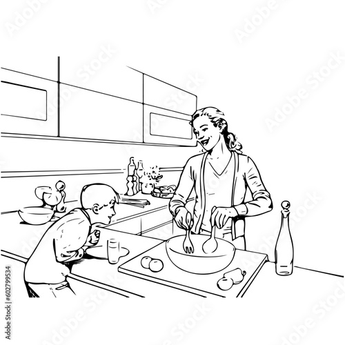 mother and son cookin in the kitchen, vector sketch illustration