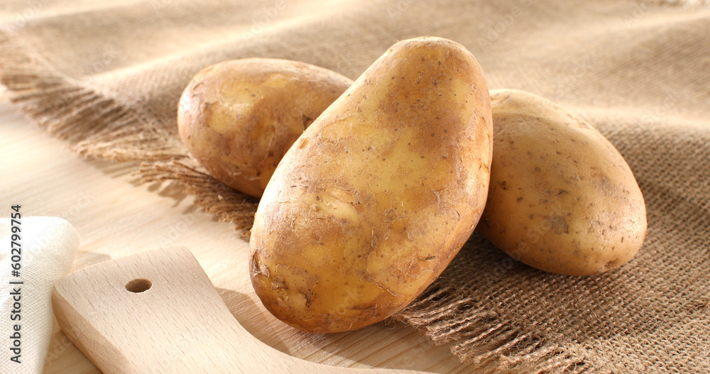raw potatoes on burlap. fresh vegetables in rustic style. farm product. potato harvest. raw potatoes on burlap. fresh vegetables in rustic style. farm product. potato harvest.