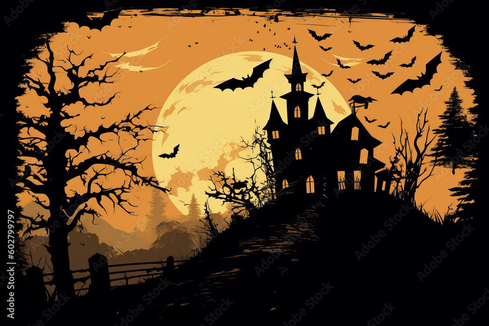 Ai artwork of a cartoonish, creepy Halloween-style background with a silhouette of a haunted house and bats above a graveyard or cemetary. Generative ai.