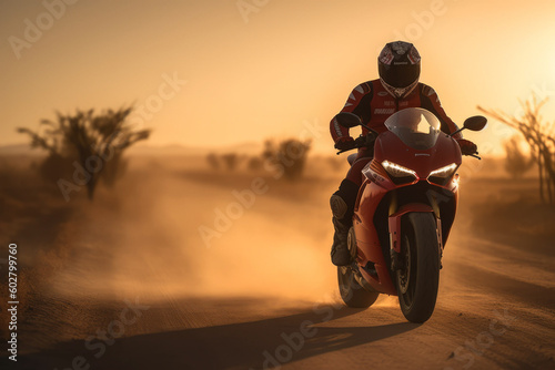 Photorealistic ai artwork of a biker on a motorbike at sunset in the desert. Generative ai.