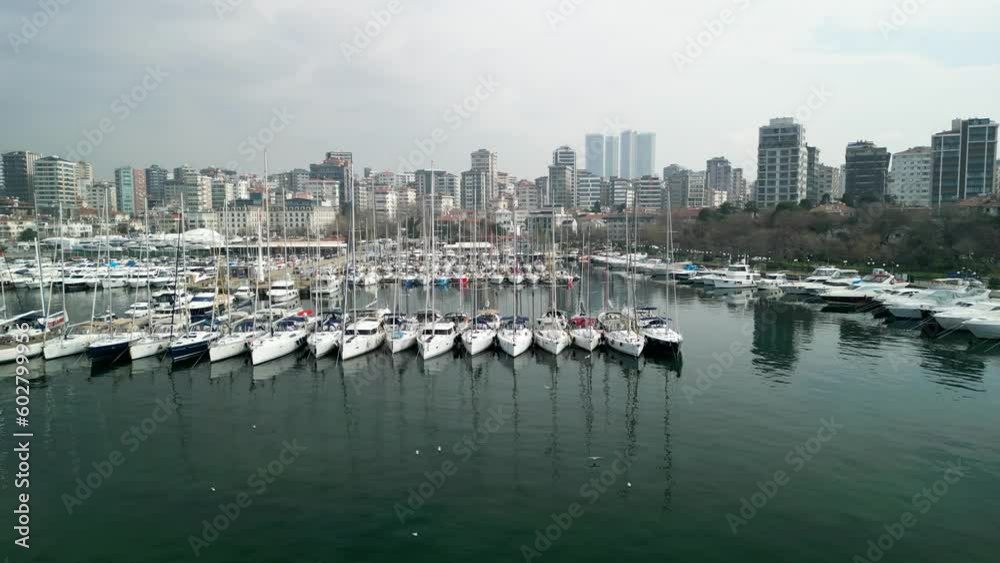 Kalamis Marina Compass Sailing in Istanbul, side to side drone shot Kalamis Marina Compass Sailing in Istanbul, side to side drone shot