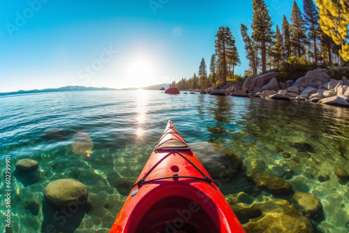 Photorealistic ai artwork of a point of view POV angle of a canoe or kayak in a beautiful clear lake with rocks and trees. Generative ai.