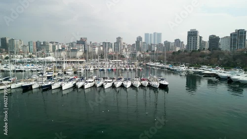 Kalamis Marina Compass Sailing in Istanbul, side to side drone shot photo