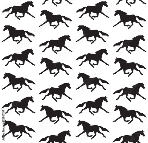 Vector seamless pattern of hand drawn trotter horse silhouette isolated on white background