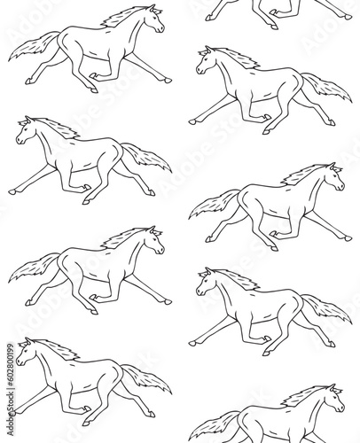Vector seamless pattern of hand drawn doodle sketch trotter horse isolated on white background
