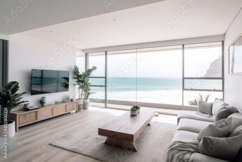 Photorealistic ai artwork of a modern, luxury lounge room located with a view of the beach. Generative ai.