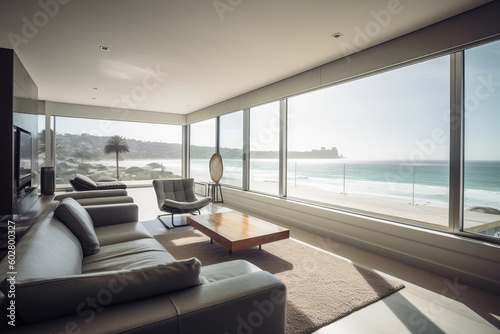 Photorealistic ai artwork of a modern  luxury lounge room located with a view of the beach. Generative ai.