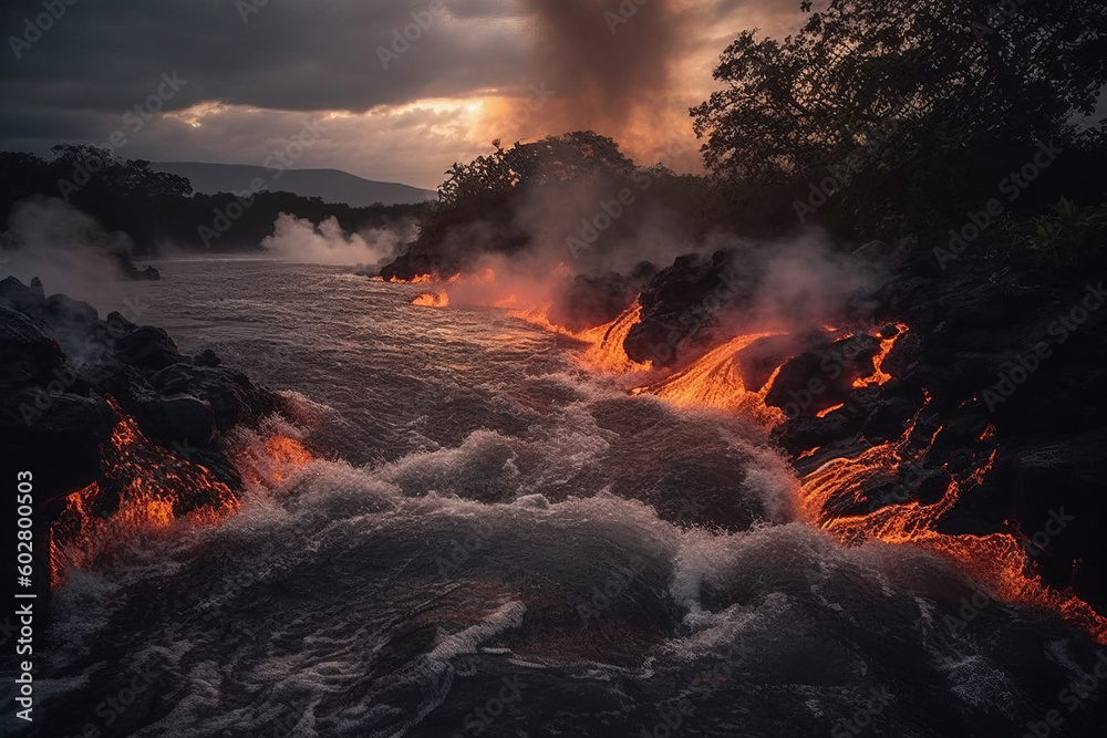 Photorealistic ai artwork of sunrise over a volcano with lava flowing into a river. Generative ai.