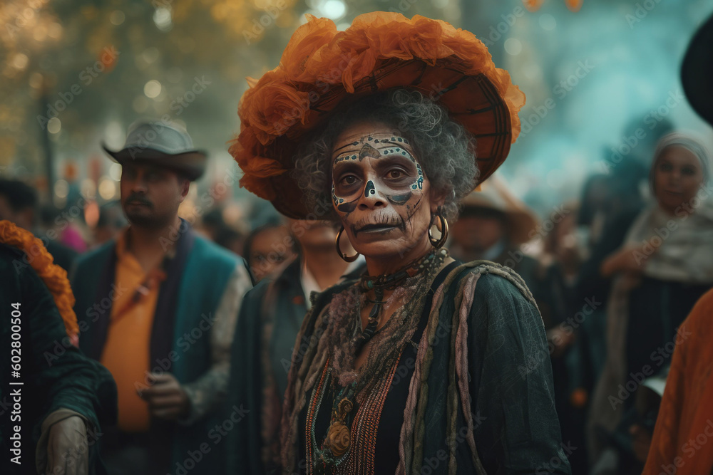 Photorealistic ai artwork of a woman with a Mexican Day of the Dead mask or face paint in celebration. Generative ai.
