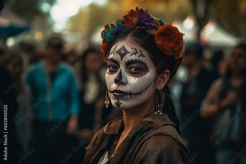 Photorealistic ai artwork of a woman with a Mexican Day of the Dead mask or face paint in celebration. Generative ai. Photorealistic ai artwork of a woman with a Mexican Day of the Dead mask or face paint in celebration. Generative ai.