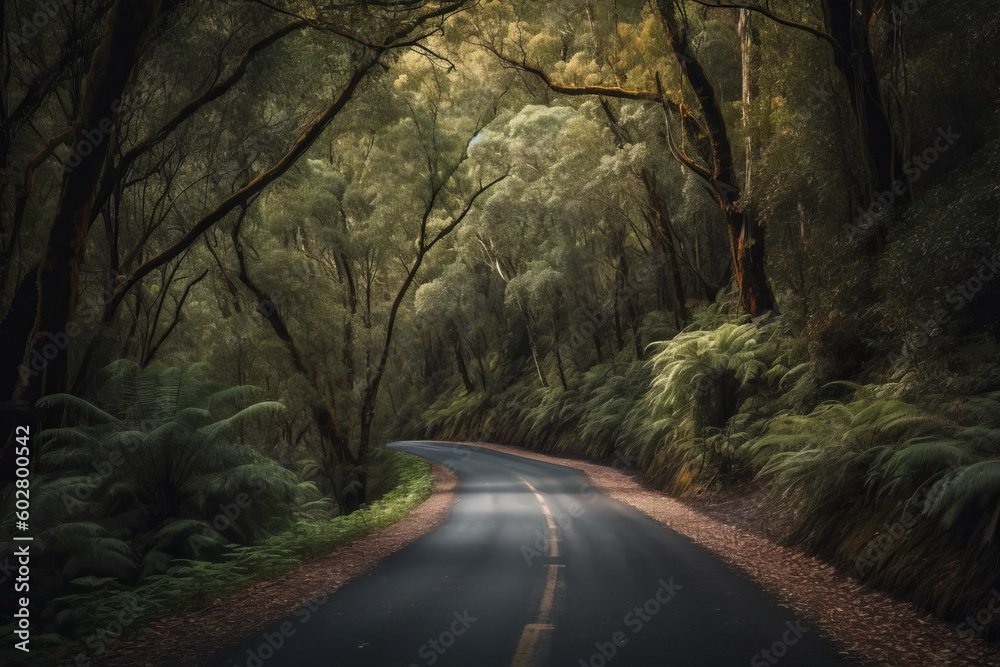 Photorealistic ai artwork of a rural road in the forest in Australia. Generative ai. Photorealistic ai artwork of a rural road in the forest in Australia. Generative ai.