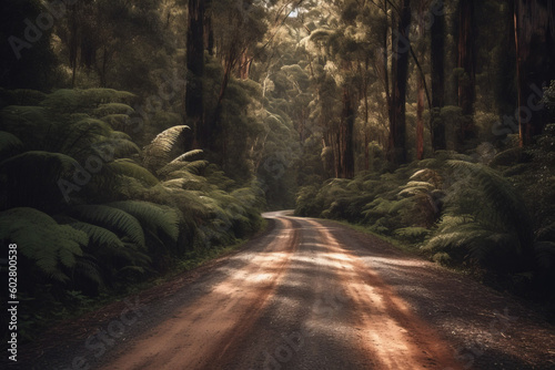 Photorealistic ai artwork of a rural road in the forest in Australia. Generative ai.