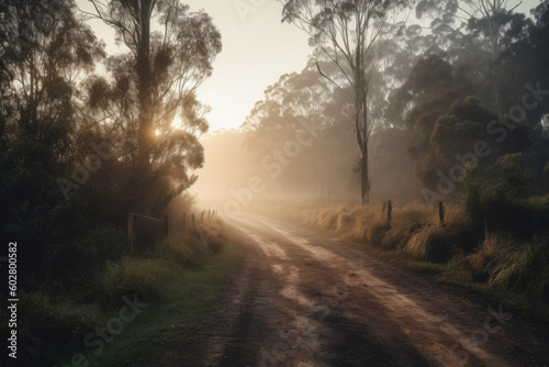 Photorealistic ai artwork of a rural, dirt road in Australia during a foggy dawn or sunrise. Generative ai.