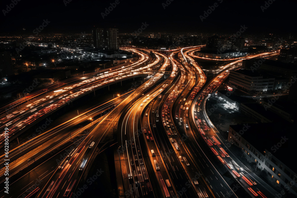 Photorealistic ai artwork of traffic on highway at night. Generative ai.