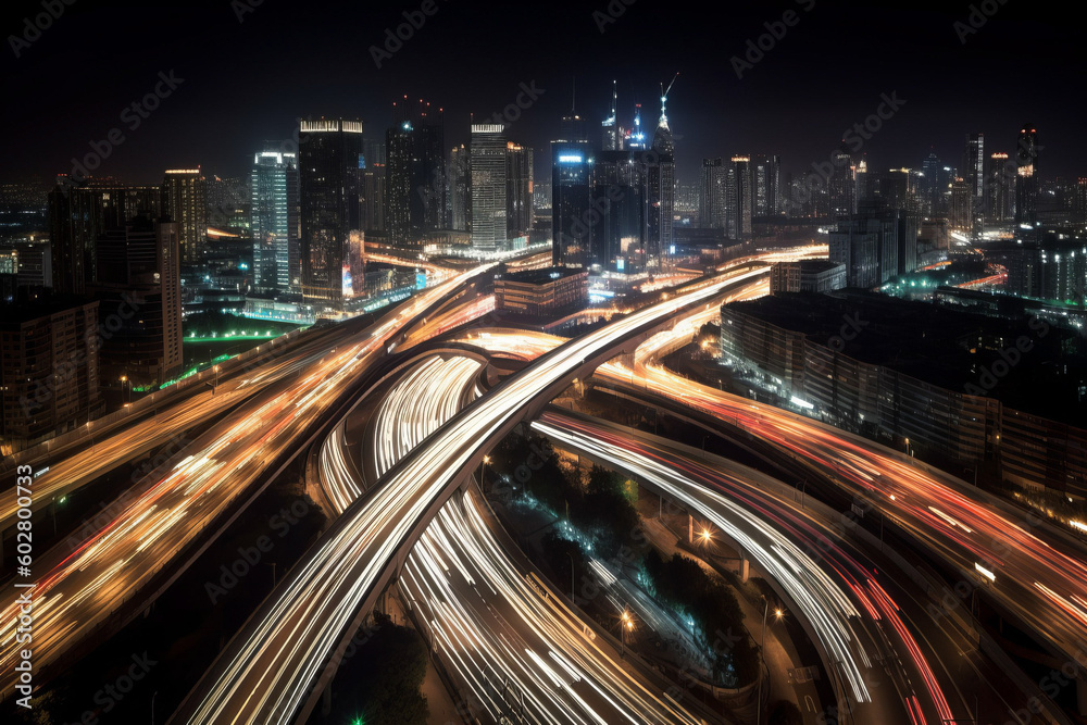 Photorealistic ai artwork of traffic on highway at night. Generative ai. Photorealistic ai artwork of traffic on highway at night. Generative ai.