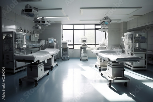 Photorealistic ai artwork of a futuristic surgical room in a medical hospital. Generative ai.