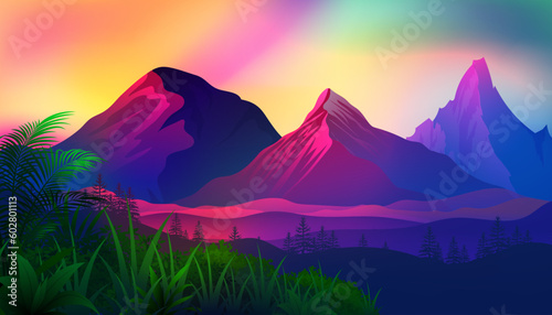 Majestic mountains with bright vibrant color design, with dawn and deep valley vector landscape