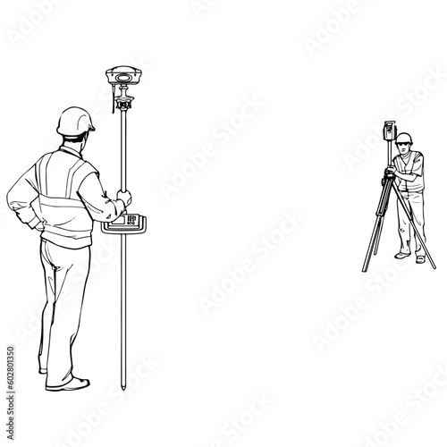 Two surveyors are standing and inspecting the site, vector drawing sketch