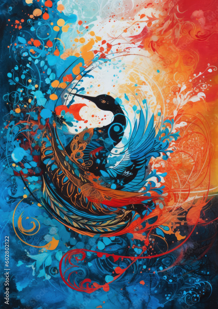 Nature comes alive - Beautiful abstract painting with geometric shapes painted in a Gouache style — Birds and waves and beautiful lines