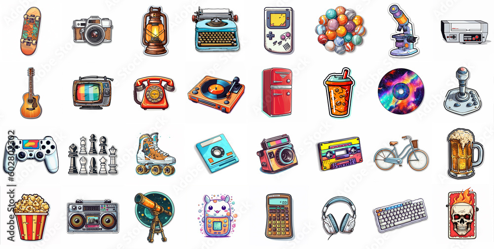 Collage of cartoon stickers of different nostalgic objects for