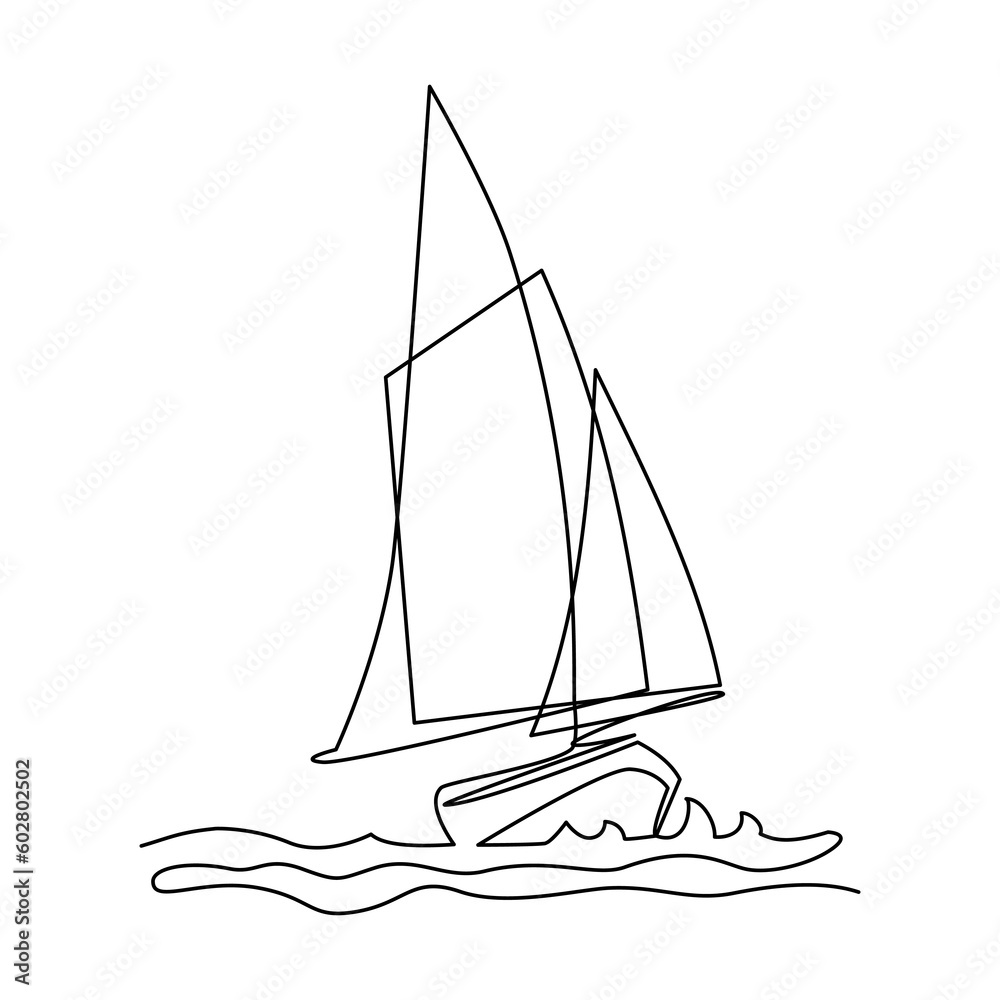Sailboat in single line vector illustration. Continuous single line drawing sailboat on white background