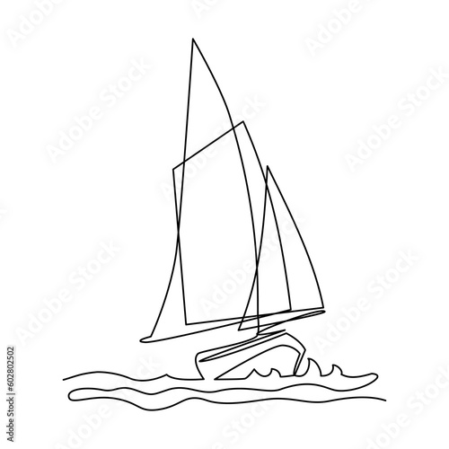 Sailboat in single line vector illustration. Continuous single line drawing sailboat on white background