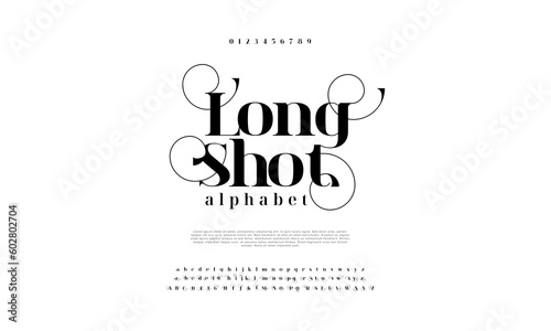 Elegant longshot alphabet letters font and number. Classic Lettering Minimal Fashion Designs. Typography modern serif fonts decorative vintage design concept. vector illustration