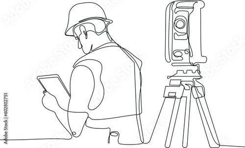 Close up of Caucasian worker with helmet on head using tablet for work while standing in warehouse. Surveyor with a tripod icon. Geodesic tripod. Vector illustration
